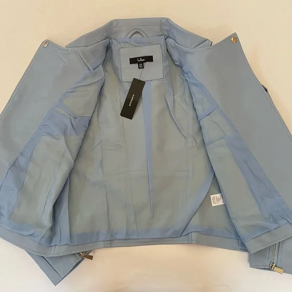 NWT Lulus Out for the Night Blue Vegan Leather Moto Jacket - Picture 4 of 6